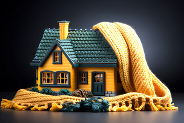 model of a private residential knitted colored house with a warm scarf on the table. the concept of warmth and comfort in the home. construction and architecture