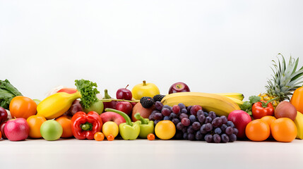 Fresh fruits and vegetables on white background, 