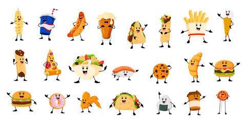 Cartoon cheerful funny takeaway fast food characters. Vector tornado potato, cola, hotdog and beer. Quesadilla, burrito, french fries and ice cream. Pizza, salad, nigiri, cookie with burger, croissant