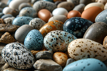 colored spotted decorative partridge eggs - obrazy, fototapety, plakaty