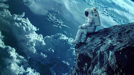 Illustration of Human Space Background. An Astronaut on an Imaginary Planet