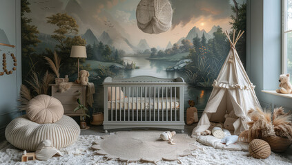 Baby room interior with baby bed, 3d walls and toys. Created with Ai - obrazy, fototapety, plakaty