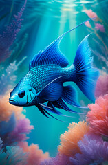 A blue fish on the seabed against a background of colorful corals, algae and sunlight breaking through the azure water column. - obrazy, fototapety, plakaty