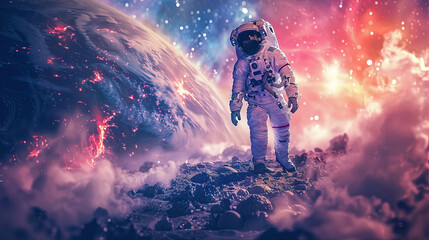 Illustration of Human Space Background. An Astronaut on an Imaginary Planet - obrazy, fototapety, plakaty