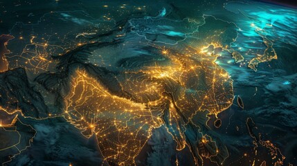 The Earth as seen from space during the night, showcasing city lights, oceans, and continents illuminated in darkness. - obrazy, fototapety, plakaty