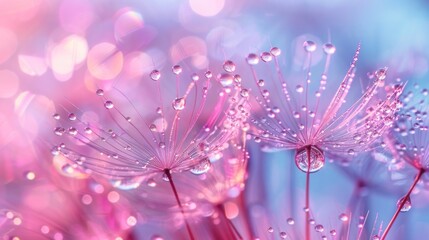 Dandelion Seed Macro with Dew Drops on Soft Blue and Violet Background - Artistic Tender Image