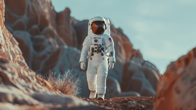 Background for International Human Space. An Astronaut Walks on the Unknown Planet