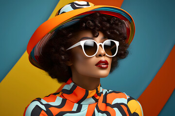 glamorous woman in a hat and sunglasses in colored clothes on a colored background