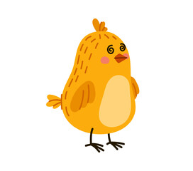 Cartoon cute chick character with fluffy yellow feathers, wide spiral shaped eyes and a mesmerizing hypnotic gaze. Isolated vector adorable and charming baby chicken or hen bird personage on farm