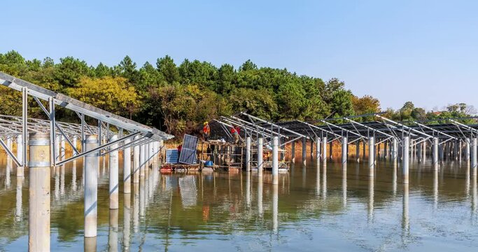 time-lapse photography video of the installation site of solar photovoltaic power generation on water, fishery-solar complementary new energy power engineering scene