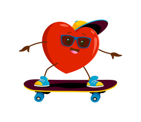 Cartoon heart character on skateboard. Isolated vector lively Valentines day personage joyfully rides a longboard, radiating love and excitement with cheerful expression, spreads positivity on wheels