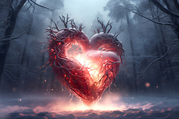 decorative heart in nature against the backdrop of the evening forest. love and health concept. sacrifice and helping people
