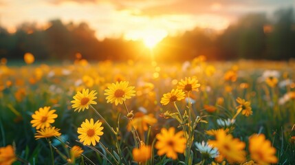 Golden Hour Tranquility: Soft Focus Sunset Landscape with Yellow Flowers, Grass Meadow, and Blurred Forest Background