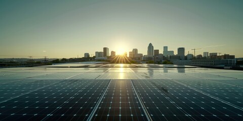 Solar panels sprawling across a rooftop, with the city skyline in the background under a clear sky,...