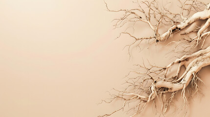 roots arranged neatly on a light brown background with copy space - obrazy, fototapety, plakaty