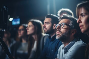 Group of people are sitting in dark room, watching something on screen