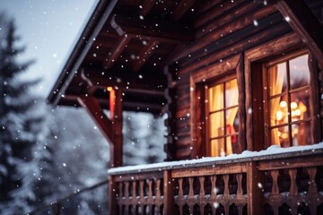 Cozy cabin with porch covered in snow
