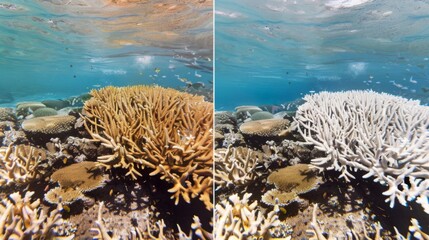 Naklejka na ściany i meble The fifth image shows a healthy coral reef before and after a bleaching event demonstrating the extreme transformation that can occur in a short period of time.