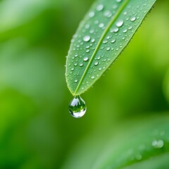a drop of dew hanging from the tip of the leaf.