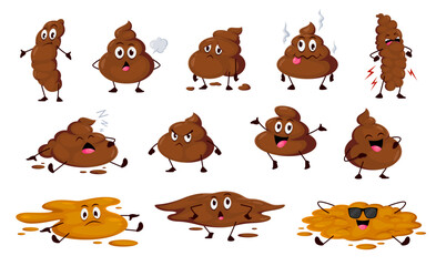 Poo happy, angry, sleeping and foolish cartoon emoji. Excrement cartoon personages, foolish toilet shit isolated vector emoticon or poop cute characters. Sad, angry and happy poo funny emoji set - obrazy, fototapety, plakaty