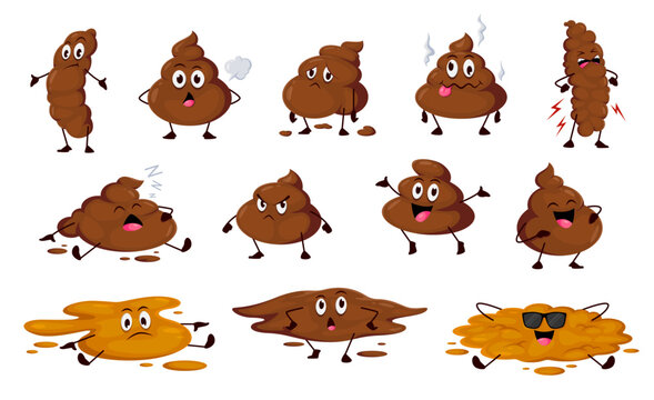 Poo happy, angry, sleeping and foolish cartoon emoji. Excrement cartoon personages, foolish toilet shit isolated vector emoticon or poop cute characters. Sad, angry and happy poo funny emoji set