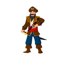 Cartoon sailor and skipper pirate character, boatswain and captain corsair or filibuster in tricorn hat. Isolated vector rover personage holding saber, ready for sea adventures and treasure hunts