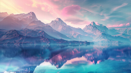 3d render, fantasy landscape panorama with mountains reflecting in the water. Abstract background. Spiritual zen wallpaper with skyline