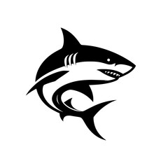 Black and white logo of a swimming shark. vector logo of a predator fish isolated on white background.