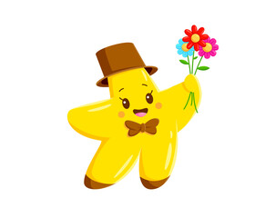 Cartoon kawaii star gentleman character with flowers, vector cute emoji emoticon. Funny twinkle star emoji or kawaii emoticon in gentleman cylinder hat with flowers bunch for love or congratulation
