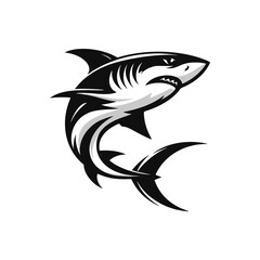 Black and white logo of a swimming shark. vector logo of a predator fish isolated on white background.