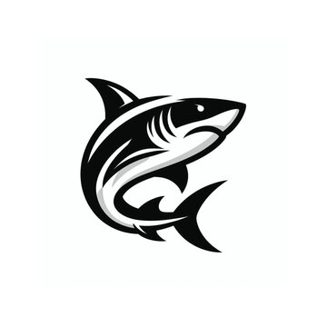Black and white logo of a swimming shark. vector logo of a predator fish isolated on white background.