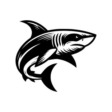 Black and white logo of a swimming shark. vector logo of a predator fish isolated on white background.