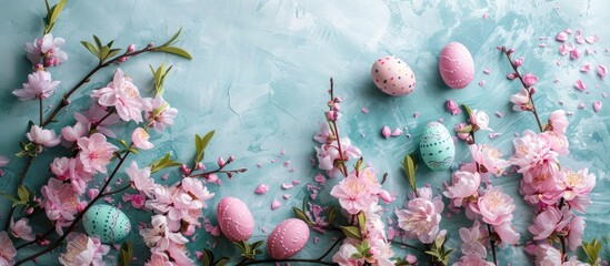 Easter-themed backdrop featuring Easter eggs and spring blooms, seen from above with room for text. - obrazy, fototapety, plakaty