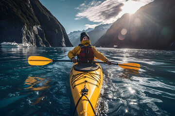 tourist floats on a yellow kayak along the river on the fjords. water sports and boat travel - obrazy, fototapety, plakaty