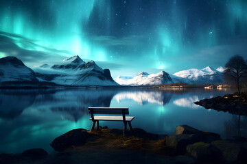 northern lights aurora against the backdrop of a night landscape over the lake - obrazy, fototapety, plakaty