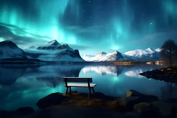 Fototapeten northern lights aurora against the backdrop of a night landscape over the lake © photosaint