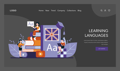 Enthusiastic learners delve into linguistics with books and digital aids, showcasing the joy of learning new languages