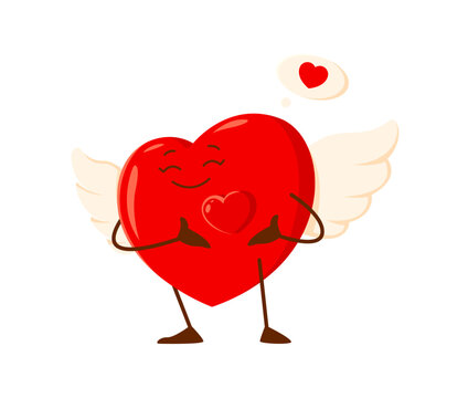 Cartoon love heart character send a love. Isolated cute vector red heart-shaped personage with white angel wings beaming with joy at Valentines day, expressing passion, affection and romantic greeting