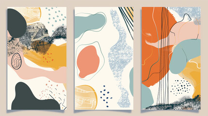 A set of three abstract art vector illustrations. Creative minimalist hand drawn vector illustration, vector design for wall decor, wallpaper, poster, card, mural, carpet, hanging, prin
