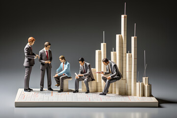 miniature people. group of businessmen with a graphical indicator of sales growth. discussion of business production income. building