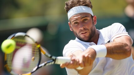 A tennis player swings a racket hit a tennis ball on outdoor court.