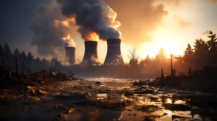 toxic smoke from the chimneys of industrial enterprises against the backdrop of sunset. harm and air pollution from oil refining and the metal industry. ecology and chemical smog