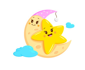 Cartoon kawaii star and moon character. Isolated vector cheerful celestial personages with big, sparkling eyes, night cap and rosy cheeks, hug and radiating warmth and friendship in dreamy cloudy sky