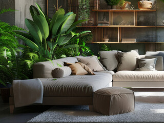 Loft interior design of modern living room, urban jungle theme, hanging macrame planters A comfortable beige sofa with pillows a wooden bookshelf and sunlight