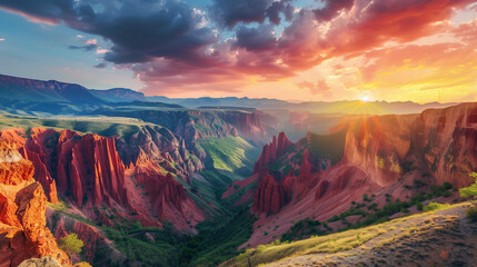 canyon view in summer. Colorful canyon landscape at sunset. nature scenery in the canyon. amazing nature background. summer landscape in nature.  canyon travel in the great valley - obrazy, fototapety, plakaty