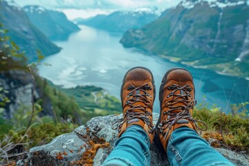 View from the mountains, lakes, rivers, and fjords - Hiking. Generative Ai