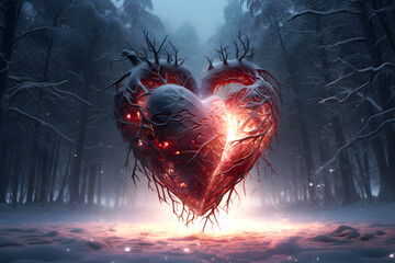 decorative heart in nature against the backdrop of the evening forest. love and health concept. sacrifice and helping people - obrazy, fototapety, plakaty