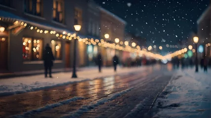 Raamstickers Beautiful blurred street of festive night or evening city with snowfall and Christmas lights. Abstract christmas defocused background © Badi