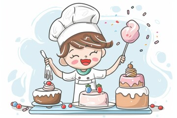 Cartoon cute doodles of a pastry chef happily decorating a cake with frosting and sprinkles, adding a touch of whimsy to the bakery's creations, Generative AI