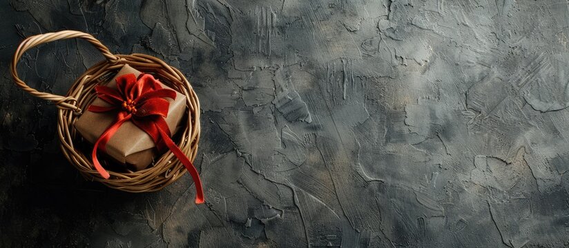 Grey background with a gift basket.